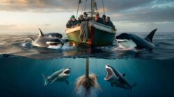 Fishermen report sharks biting their anchor lines just moments after orcas surrounded their boat in a tense marine encounter